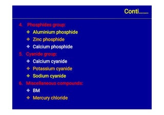 







4. Phosphides group:
Aluminium phosphide
Zinc phosphide
Calcium phosphide
5. Cyanide group:
Calcium cyanide
Potassium cyanide
Sodium cyanide
6. Miscellaneous compounds:
BM
Mercury chloride
Conti…….
 