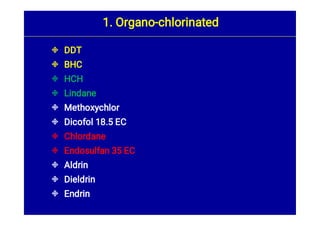 










DDT
BHC
HCH
Lindane
Methoxychlor
Dicofol 18.5 EC
Chlordane
Endosulfan 35 EC
Aldrin
Dieldrin
Endrin
1. Organo-chlorinated
 