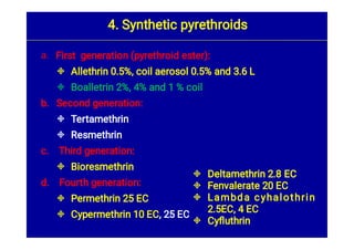a.







First generation (pyrethroid ester):
Allethrin 0.5%, coil aerosol 0.5% and 3.6 L
Boalletrin 2%, 4% and 1 % coil
b. Second generation:
Tertamethrin
Resmethrin
c. Third generation:
Bioresmethrin
d. Fourth generation:
Permethrin 25 EC
Cypermethrin 10 EC, 25 EC
4. Synthetic pyrethroids




Deltamethrin 2.8 EC
Fenvalerate 20 EC
Lambda cyhalothrin
2.5EC, 4 EC
Cyﬂuthrin
 