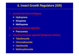 a.








Juvenile hormone analogues:
Hydroprene
Kinoprene
Methoprene
b. Juvenile hormone agonists:
Precocenes
c. Moulting hormone agonists (Ecdysone mimics)
Tebufenozide
Chromafenozide
Halofenzide
Methoxyfenozide
6. Insect Growth Regulators (IGR)
 