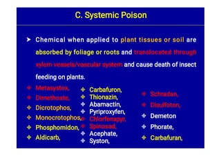 






Chemical when applied to plant tissues or soil are
absorbed by foliage or roots and translocated through
xylem vessels/vascular system and cause death of insect
feeding on plants.
Metasystox,
Dimethoate,
Dicrotophos,
Monocrotophos,
Phosphomidon,
Aldicarb,
C. Systemic Poison








Carbafuron,
Thionazin,
Abamactin,
Pyriproxyfen,
Chlorfenapyr,
Spinosad,
Acephate,
Syston,





Schradan,
Disulfoton,
Demeton
Phorate,
Carbafuran,
 