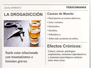 LA DROGADICCIÓN Causas de Muerte: 
• Participación en eventos delictivos, 
• Actos violentos, 
• Homicidios, 
• Suicidios, 
• Sobredosis y, 
• Sobre todo accidentes de tráfico. 
Efectos Crónicos: 
Cáncer, cirrosis, patologías 
respiratorias, trastornos reproductivos 
y trastornos psicológicos crónicos 
entre otras cosas. 
Jueves 30/08/2012 
Suele estar relacionada 
con traumatismos o 
lesiones graves. 
TOXICOMANÍA 
 