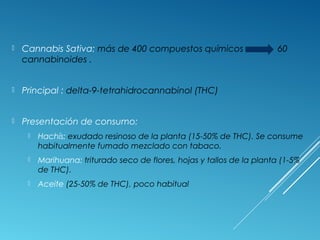  Cannabis Sativa: más de 400 compuestos químicos 60
cannabinoides .
 Principal : delta-9-tetrahidrocannabinol (THC)
 Presentación de consumo:
 Hachís: exudado resinoso de la planta (15-50% de THC). Se consume
habitualmente fumado mezclado con tabaco.
 Marihuana: triturado seco de flores, hojas y tallos de la planta (1-5%
de THC).
 Aceite (25-50% de THC), poco habitual
 