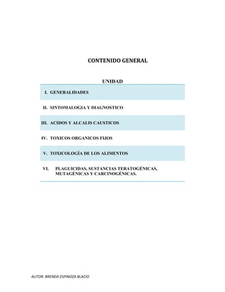AUTOR: BRENDA ESPINOZA BLACIO
CONTENIDO GENERAL
UNIDAD
I. GENERALIDADES
II. SINTOMALOGIA Y DIAGNOSTICO
III. ACIDOS Y ALCALIS CAUSTICOS
IV. TOXICOS ORGANICOS FIJOS
V. TOXICOLOGÍA DE LOS ALIMENTOS
VI. PLAGUICIDAS, SUSTANCIAS TERATOGÉNICAS,
MUTAGÉNICAS Y CARCINOGÉNICAS.
 