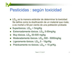 Pesticidas
P ti id : según t i id d
             ú toxicidad

 LD50 es la manera estándar de determinar la toxicidad.
 Se define como la dosificación de un material que mate
                                                   mate,
 o es mortal a 50 por ciento de una población probada
 Supertóxicos.
 Supertóxicos LD50 < 5mg/Kg
 Extremadamente tóxicos. LD50 5-50mg/kg
 Muy tóxicos. LD50 50-500 mg/kg
      tóxicos
 Moderadamente tóxicos. LD50 500 - 5000mg/kg
 Ligeramente tóxicos LD50 5 - 15gr/Kg
               tóxicos.
 Prácticamente no tóxicos. LD50 > 15 gr/Kg.


                       Tema 11 F. G.C-F                30
 