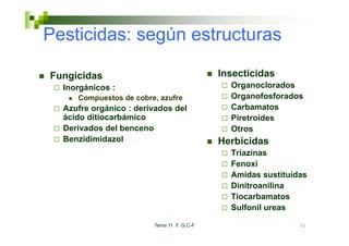 Pesticidas: según estructuras

Fungicidas                                 Insecticidas
  Inorgánicos :                              Organoclorados
     Compuestos d cobre, azufre
     C          de b        f                Organofosforados
  Azufre orgánico : derivados del            Carbamatos
  ácido ditiocarbámico                       Piretroides
  Derivados del benceno                      Otros
  Benzidimidazol                           Herbicidas
                                             Triazinas
                                             Ti i
                                             Fenoxi
                                             Amidas sustituídas
                                             Dinitroanilina
                                             Tiocarbamatos
                                             Sulfonil ureas

                        Tema 11 F. G.C-F                     31
 