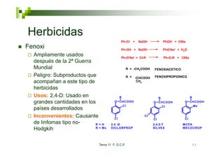 Herbicidas
                                           Ph-Cl   +   NaOH          PhOH + ClNa
Fenoxi                                     Ph-OH + NaOH              PhO-Na+ + H2O
  Ampliamente usados                       Ph-O-Na+ + Cl-R           Ph-O-R + ClNa
  después de la 2ª Guerra
                 2
  Mundial                                       R = -CH2COOH    FENOXIACETICO
  Peligro: Subproductos que                     R = -CHCOOH
                                                     CHCOOH     FENOXIPROPIONICO
  acompañan a este tipo de                           CH3

  herbicidas
  Usos: 2,4-D: Usado en
          2,4 D:                        R                        R                R
  grandes cantidades en los           O CHCOOH                 O CHCOOH         O CHCOOH
                                          Cl                       Cl               Me
  países desarrollados
  Inconvenientes: Causante            Cl
                                                         Cl
                                                                                Cl
                                                               Cl
  de linfomas tipo no-     R=H      2,4 -D                     2,4,5-T          MCPA
  Hodgkih                  R = Me   DICLORPROP                 SILVEX           MECOCROP




                             Tema 11 F. G.C-F                                        53
 
