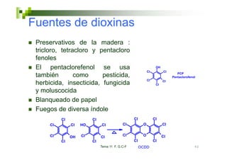 Fuentes de dioxinas
 Preservativos de la madera :
 tricloro, tetracloro y pentacloro
 fenoles
 El pentaclorefenol se usa                                        OH
                                                            Cl          Cl
                                                                                PCP
 también        como     pesticida,                                          Pentaclorofenol
                                                            Cl         Cl
 herbicida, insecticida, fungicida                                Cl

 y moluscocida
 Blanqueado d papel
 Bl         d de       l
 Fuegos de diversa índole
           Cl             Cl                      Cl             Cl
      Cl        Cl   HO        Cl           Cl          O              Cl


      Cl        OH   Cl        Cl           Cl          O              Cl
           Cl             Cl                      Cl             Cl
                               Tema 11 F. G.C-F        OCDD                                62
 