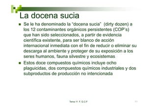 La docena sucia
Se le ha denominado la “docena sucia” (dirty dozen) a
los 12 contaminantes orgánicos persistentes (COP’s)
                                               (COP s)
que han sido seleccionados, a partir de evidencia
científica existente, para ser blanco de acción
internacional inmediata con el fin de reducir o eliminar su
descarga al ambiente y proteger de su exposición a los
seres humanos, fa na sil estre y ecosistemas
       h manos fauna silvestre
Estos doce compuestos químicos incluye ocho
plaguicidas,
plaguicidas dos compuestos químicos industriales y dos
subproductos de producción no intencionada




                       Tema 11 F. G.C-F                  77
 