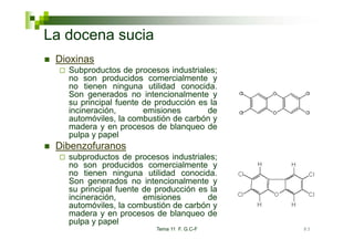 La doce a suc a
 a docena sucia
 Dioxinas
   Subproductos de
   S b d t d procesos i d t i l
                              industriales;
   no son producidos comercialmente y
   no tienen ninguna utilidad conocida.
   Son generados no intencionalmente y
   su principal fuente de producción es la
   incineración,       emisiones        de
   automóviles, la combustión de carbón y
   madera y en procesos de blanq eo de
                              blanqueo
   pulpa y papel
 Dibenzofuranos
   subproductos de procesos industriales;
   no son producidos comercialmente y
   no tienen ninguna utilidad conocida.
   Son generados no intencionalmente y
   su principal fuente de producción es la
   incineración,       emisiones       de
   automóviles, la combustión de carbón y
   madera y en procesos d bl
      d                    de blanqueo d
                                       de
   pulpa y papel
                          Tema 11 F. G.C-F    83
 