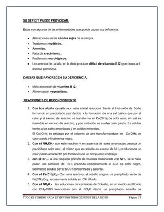 TODO ES VENENO NADA ES VENENO TODO DEPENDE DE LA DOSIS Página 35
SU DÉFICIT PUEDE PROVOCAR:
Estas son algunas de las enfermedades que puede causar su deficiencia:
 Alteraciones en las células rojas de la sangre.
 Trastornos hepáticos.
 Anemias.
 Falta de crecimiento.
 Problemas neurológicos.
 La carencia de cobalto en la dieta produce déficit de vitamina B12 que provocará
anemia perniciosa.
CAUSAS QUE FAVORECEN SU DEFICIENCIA:
 Mala absorción de vitamina B12.
 Alimentación vegetariana.
REACCIONES DE RECONOCIMIENTO
1. Con los álcalis causticos.- este metal reacciona frente al Hidroxido de Sodio
formando un precipitado azul debido a la formación de una sal básica que por el
calor y el exceso de reactivo se transforma en Co(OH)2 de color rosa, el cual es
insoluble en exceso de reactivo, y por oxidación se vuelve color pardo. Es soluble
frente a las sales amoniacas y en acidos minerales.
El Co(OH)2 es oxidado por el oxigeno de aire transformándose en Co(OH)3 de
color pardo y finalmente negro.
2. Con el NH4OH.- con este reactivo, y en ausencia de sales amoniacas provoca un
precipitado color azul, el mismo que es soluble en exceso de NH3 produciendo un
color pardo-amarllento por formación de un compuesto complejo.
3. con el SH2.- a una pequeña porción de muestra alcalinizada con NH3, se le hace
pesar una corriente de SH2, precipita completamente el SCo de color negro,
fácilmente soluble por el NO3H concentrado y caliente.
4. Con el Fe(CH)6K4.- Con este reactivo, el cobalto origina un precipitado verde de
Fe(CN)6Co2, escasamente soluble en ClH diluido.
5. Con el NO2K.- las soluciones concentradas de Cobalto, en un medio acidificado
con CH3-COOH,reaccionan con el NO2K dando un precipitado amarillo de
 