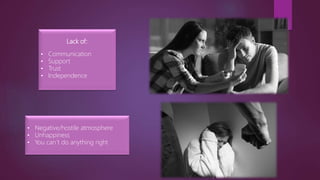 Lack of:
• Communication
• Support
• Trust
• Independence
• Negative/hostile atmosphere
• Unhappiness
• You can´t do anything right
 