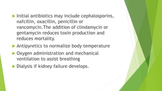  Initial antibiotics may include cephalosporins,
nafcillin, oxacillin, penicillin or
vancomycin.The addition of clindamycin or
gentamycin reduces toxin production and
reduces mortality.
 Antipyretics to normalize body temperature
 Oxygen administration and mechanical
ventilation to assist breathing
 Dialysis if kidney failure develops.
 