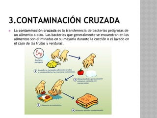 3.CONTAMINACIÓN CRUZADA
⦿ La contaminación cruzada es la transferencia de bacterias peligrosas de
un alimento a otro. Las bacterias que generalmente se encuentran en los
alimentos son eliminadas en su mayoría durante la cocción o el lavado en
el caso de las frutas y verduras.
 