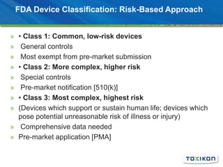 FDA Device Classification: Risk-Based Approach
» • Class 1: Common, low-risk devices
» General controls
» Most exempt from pre-market submission
» • Class 2: More complex, higher risk
» Special controls
» Pre-market notification [510(k)]
» • Class 3: Most complex, highest risk
» (Devices which support or sustain human life; devices which
pose potential unreasonable risk of illness or injury)
» Comprehensive data needed
» Pre-market application [PMA]
 