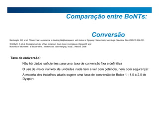 Comparação entre BoNTs:
Conversão
Bentivoglio AR, et al. Fifteen-Year experience in treating blefpharospasm with botox or Dyspory: Same toxin, two drugs. Neurotox Res 2009;15:224-231.
Wohlfarth K, et al. Biological activity of two botulinum toxin type A complexes (Dysport® and
Botox®) in volunteers: a double-blind, randomized, dose-ranging study. J Neurol, 2008
Taxa de conversão:
Não há dados suficientes para uma taxa de conversão fixa e definitiva
O uso de maior número de unidades nada tem a ver com potência, nem com segurança!
A maioria dos trabalhos atuais sugere uma taxa de conversão de Botox 1 : 1,5 a 2,5 de
Dysport
 