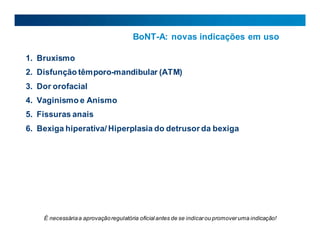 BoNT-A: novas indicações em uso
1. Bruxismo
2. Disfunção têmporo-mandibular (ATM)
3. Dor orofacial
4. Vaginismo e Anismo
5. Fissuras anais
6. Bexiga hiperativa/ Hiperplasia do detrusor da bexiga
É necessáriaa aprovaçãoregulatória oficialantes de se indicarou promoveruma indicação!
 