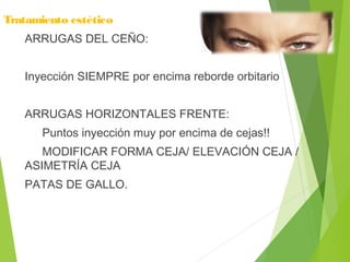 Tratamiento estético
ARRUGAS DEL CEÑO:
Inyección SIEMPRE por encima reborde orbitario
ARRUGAS HORIZONTALES FRENTE:
Puntos inyección muy por encima de cejas!!
MODIFICAR FORMA CEJA/ ELEVACIÓN CEJA /
ASIMETRÍA CEJA
PATAS DE GALLO.
 