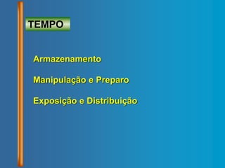 TEMPO
Armazenamento
Manipulação e Preparo
Exposição e Distribuição
 