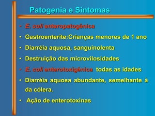 Patogenia e Sintomas
• E. coli enteropatogênica
• Gastroenterite:Crianças menores de 1 ano
• Diarréia aquosa, sanguinolenta
• Destruição das microvilosidades
• E. coli enterotoxigênica todas as idades
• Diarréia aquosa abundante, semelhante à
da cólera.
• Ação de enterotoxinas
 