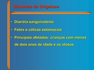 • Diarréia sanguinolenta
• Febre e cólicas estomacais
• Principais afetados: crianças com menos
de dois anos de idade e os idosos.
Sintomas da Shigelose
 