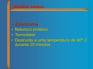 • Enterotoxina:
• Natureza protéica
• Termolábel
• Destruída a uma temperatura de 60º C
durante 20 minutos,
Bacillus cereus
 