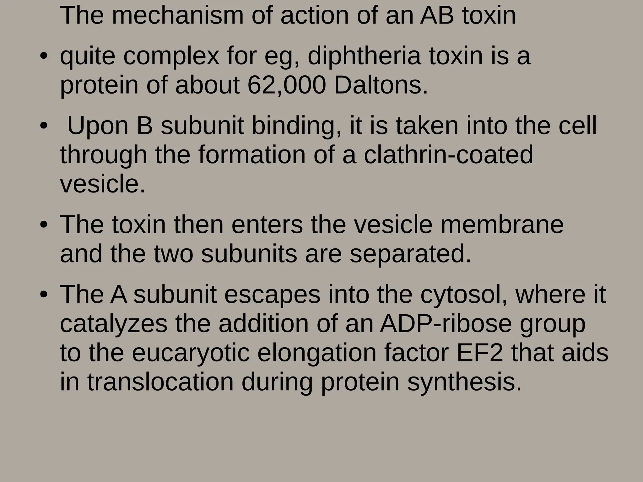 The mechanism of action of an AB toxin
● quite complex for eg, diphtheria toxin is a
protein of about 62,000 Daltons.
● Upon B subunit binding, it is taken into the cell
through the formation of a clathrin-coated
vesicle.
● The toxin then enters the vesicle membrane
and the two subunits are separated.
● The A subunit escapes into the cytosol, where it
catalyzes the addition of an ADP-ribose group
to the eucaryotic elongation factor EF2 that aids
in translocation during protein synthesis.
 