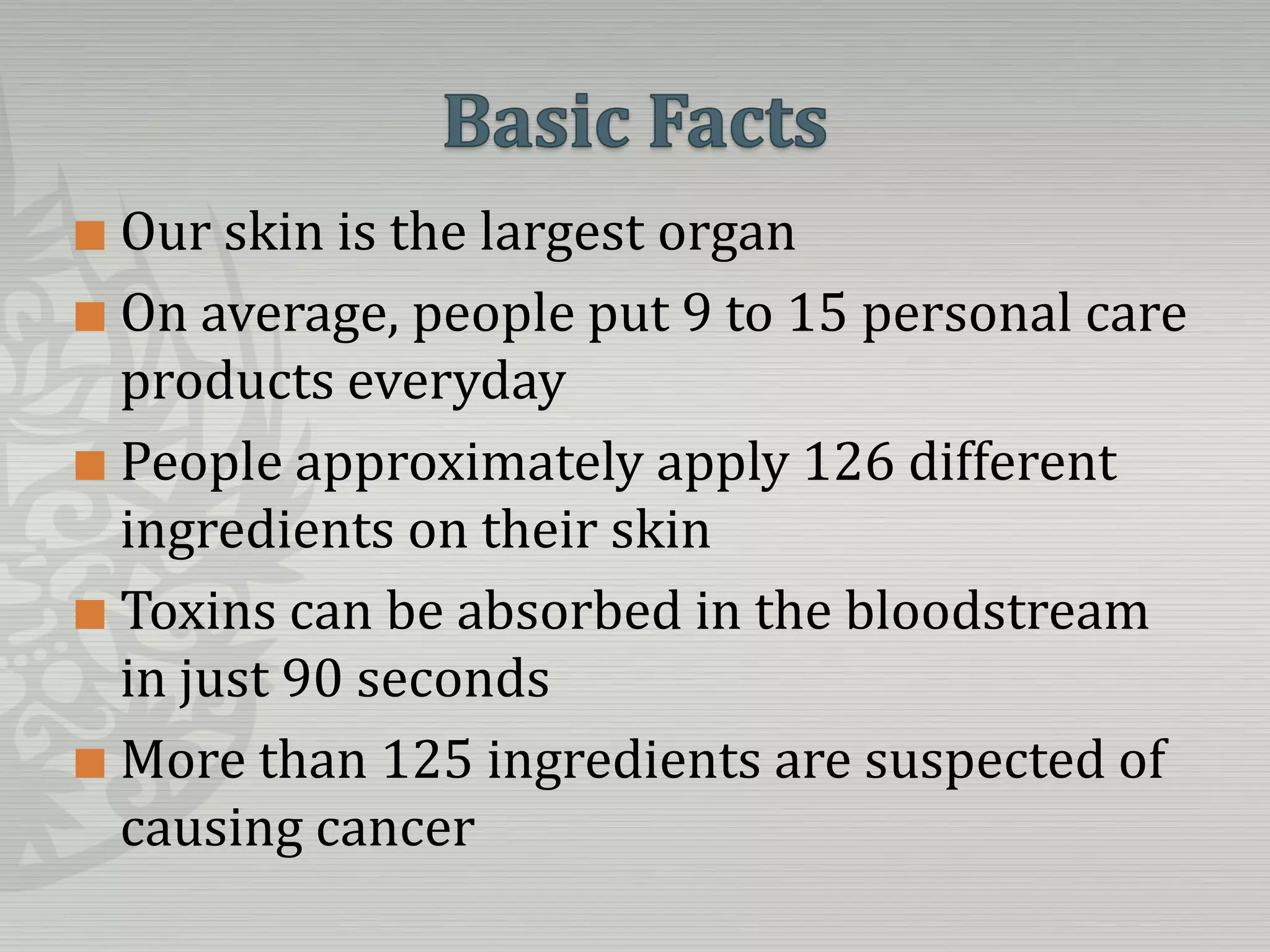 Basic FactsOur skin is the largest organOn average, people put 9 to 15 personal care products everydayPeople approximately apply 126 different ingredients on their skinToxins can be absorbed in the bloodstream in just 90 secondsMore than 125 ingredients are suspected of causing cancer
