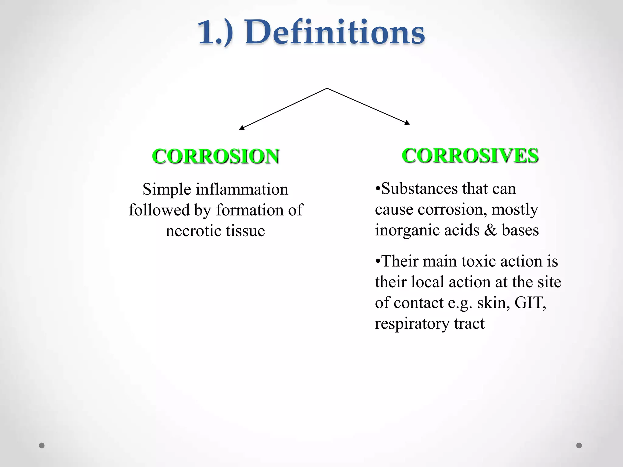 1.) Definitions
CORROSION
Simple inflammation
followed by formation of
necrotic tissue
CORROSIVES
•Substances that can
cause corrosion, mostly
inorganic acids & bases
•Their main toxic action is
their local action at the site
of contact e.g. skin, GIT,
respiratory tract
 
