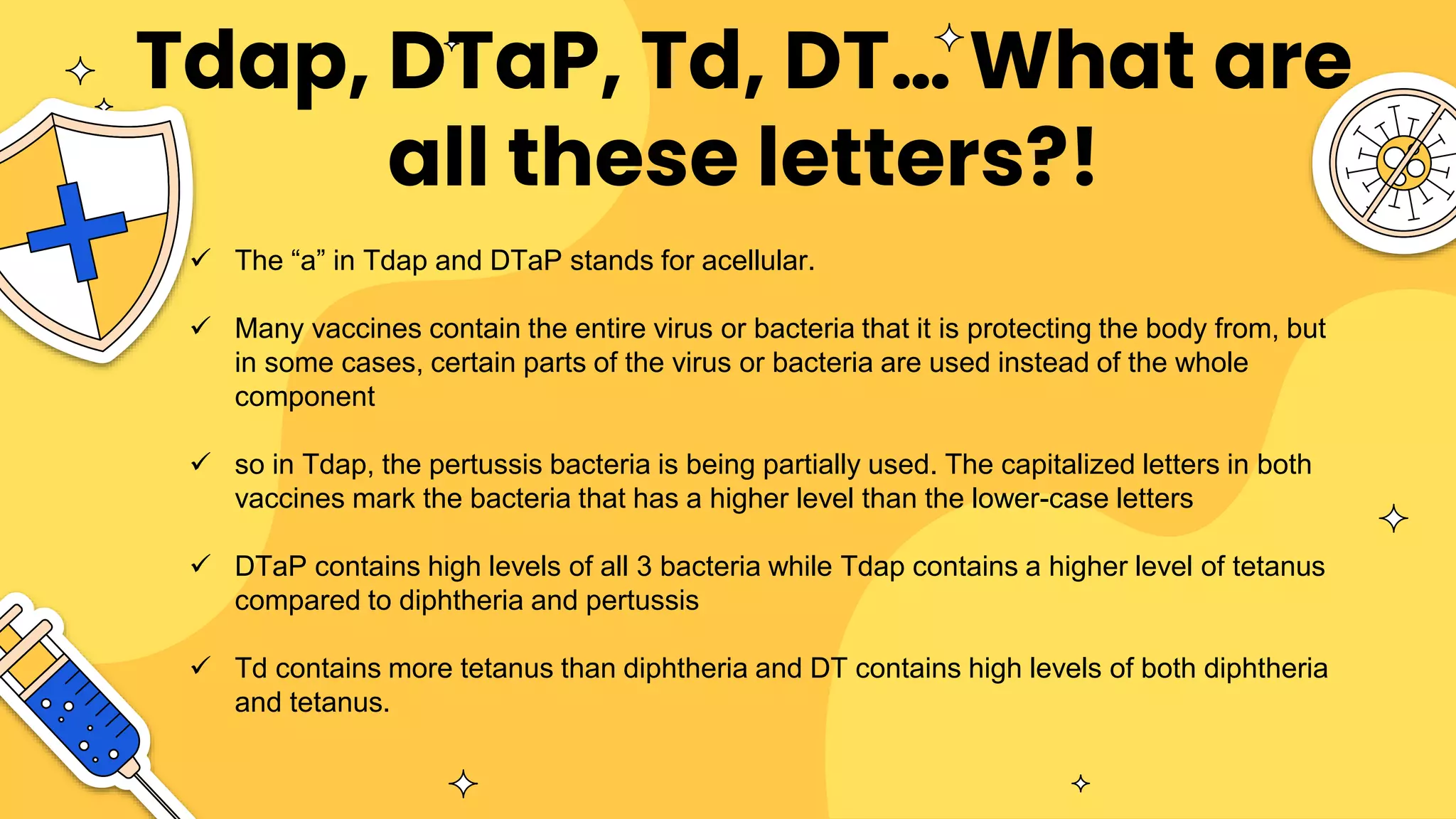 Tdap, DTaP, Td, DT… What are
all these letters?!
 The “a” in Tdap and DTaP stands for acellular.
 Many vaccines contain the entire virus or bacteria that it is protecting the body from, but
in some cases, certain parts of the virus or bacteria are used instead of the whole
component
 so in Tdap, the pertussis bacteria is being partially used. The capitalized letters in both
vaccines mark the bacteria that has a higher level than the lower-case letters
 DTaP contains high levels of all 3 bacteria while Tdap contains a higher level of tetanus
compared to diphtheria and pertussis
 Td contains more tetanus than diphtheria and DT contains high levels of both diphtheria
and tetanus.
 