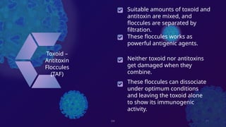 DK 11
Toxoid –
Antitoxin
Floccules
(TAF)
These floccules works as
powerful antigenic agents.
Neither toxoid nor antitoxins
get damaged when they
combine.
These floccules can dissociate
under optimum conditions
and leaving the toxoid alone
to show its immunogenic
activity.
Suitable amounts of toxoid and
antitoxin are mixed, and
floccules are separated by
filtration.
 