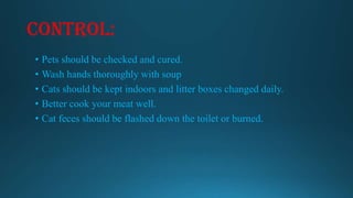 Control:
• Pets should be checked and cured.
• Wash hands thoroughly with soup
• Cats should be kept indoors and litter boxes changed daily.
• Better cook your meat well.
• Cat feces should be flashed down the toilet or burned.

 