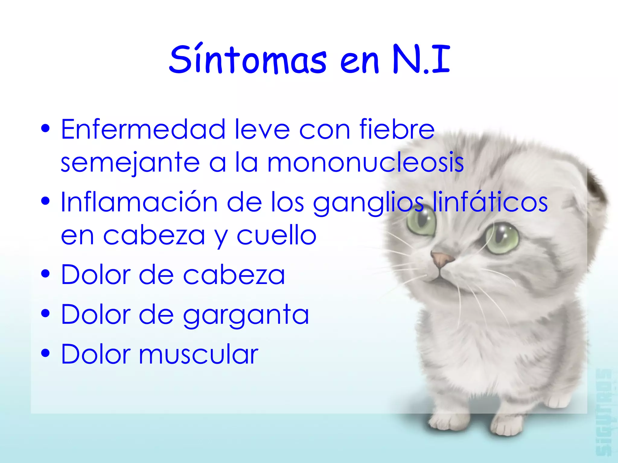 Síntomas en N.I Enfermedad leve con fiebre semejante a la mononucleosis Inflamación de los ganglios linfáticos en cabeza y cuello  Dolor de cabeza  Dolor de garganta  Dolor muscular  