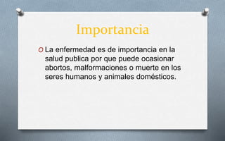 Importancia
O La enfermedad es de importancia en la
salud publica por que puede ocasionar
abortos, malformaciones o muerte en los
seres humanos y animales domésticos.
 