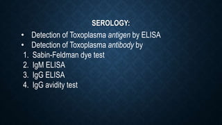 SEROLOGY:
• Detection of Toxoplasma antigen by ELISA
• Detection of Toxoplasma antibody by
1. Sabin-Feldman dye test
2. IgM ELISA
3. IgG ELISA
4. IgG avidity test
 