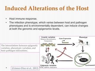 Induced Alterations of the Host
• Host immune response.
• The infection phenotype, which varies between host and pathogen
phenotypes and is environmentally dependent, can induce changes
at both the genomic and epigenomic levels.
The interrelations between epigenetic
variation, phenotypic variation, and
host–pathogen interactions.
(Gómez-Díaz et al., 2012)
 