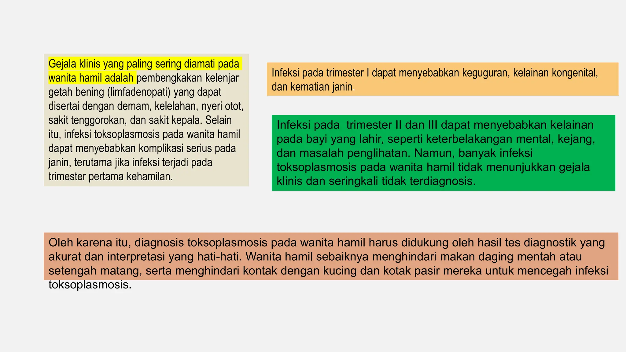 Gejala klinis yang paling sering diamati pada
wanita hamil adalah pembengkakan kelenjar
getah bening (limfadenopati) yang dapat
disertai dengan demam, kelelahan, nyeri otot,
sakit tenggorokan, dan sakit kepala. Selain
itu, infeksi toksoplasmosis pada wanita hamil
dapat menyebabkan komplikasi serius pada
janin, terutama jika infeksi terjadi pada
trimester pertama kehamilan.
Infeksi pada trimester I dapat menyebabkan keguguran, kelainan kongenital,
dan kematian janin.
Infeksi pada trimester II dan III dapat menyebabkan kelainan
pada bayi yang lahir, seperti keterbelakangan mental, kejang,
dan masalah penglihatan. Namun, banyak infeksi
toksoplasmosis pada wanita hamil tidak menunjukkan gejala
klinis dan seringkali tidak terdiagnosis.
Oleh karena itu, diagnosis toksoplasmosis pada wanita hamil harus didukung oleh hasil tes diagnostik yang
akurat dan interpretasi yang hati-hati. Wanita hamil sebaiknya menghindari makan daging mentah atau
setengah matang, serta menghindari kontak dengan kucing dan kotak pasir mereka untuk mencegah infeksi
toksoplasmosis.
 