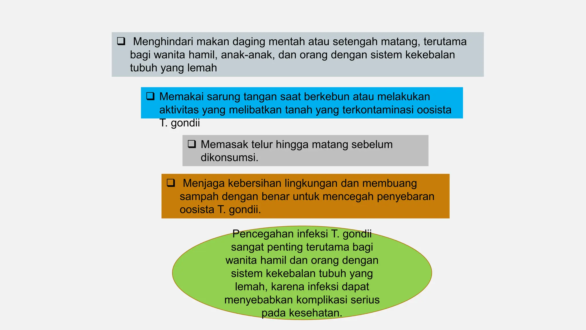  Menghindari makan daging mentah atau setengah matang, terutama
bagi wanita hamil, anak-anak, dan orang dengan sistem kekebalan
tubuh yang lemah
 Memakai sarung tangan saat berkebun atau melakukan
aktivitas yang melibatkan tanah yang terkontaminasi oosista
T. gondii
 Memasak telur hingga matang sebelum
dikonsumsi.
 Menjaga kebersihan lingkungan dan membuang
sampah dengan benar untuk mencegah penyebaran
oosista T. gondii.
Pencegahan infeksi T. gondii
sangat penting terutama bagi
wanita hamil dan orang dengan
sistem kekebalan tubuh yang
lemah, karena infeksi dapat
menyebabkan komplikasi serius
pada kesehatan.
 