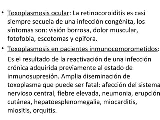• Toxoplasmosis ocular: La retinocoroiditis es casi
  siempre secuela de una infección congénita, los
  síntomas son: visión borrosa, dolor muscular,
  fotofobia, escotomas y epifora.
• Toxoplasmosis en pacientes inmunocomprometidos:
  Es el resultado de la reactivación de una infección
  crónica adquirida previamente al estado de
  inmunosupresión. Amplia diseminación de
  toxoplasma que puede ser fatal: afección del sistema
  nervioso central, fiebre elevada, neumonia, erupción
  cutánea, hepatoesplenomegalia, miocarditis,
  miositis, orquitis.
 