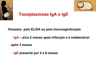 Dosados  pelo ELISA ou pela imunoaglutinação IgA  – pico 2 meses após infecção e é indetectável após 3 meses  IgE  presente por 4 a 8 meses  Toxoplasmose IgA e IgE 