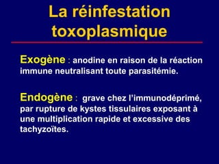 La réinfestation
      toxoplasmique
Exogène : anodine en raison de la réaction
immune neutralisant toute parasitémie.


Endogène :      grave chez l’immunodéprimé,
par rupture de kystes tissulaires exposant à
une multiplication rapide et excessive des
tachyzoïtes.
 