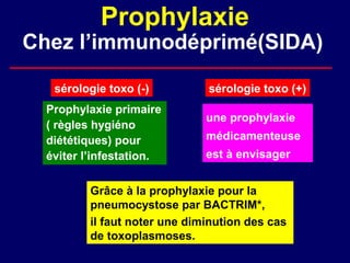 Prophylaxie
Chez l’immunodéprimé(SIDA)

   sérologie toxo (-)          sérologie toxo (+)
  Prophylaxie primaire
                               une prophylaxie
  ( règles hygiéno
  diététiques) pour            médicamenteuse
  éviter l’infestation.        est à envisager


          Grâce à la prophylaxie pour la
          pneumocystose par BACTRIM*,
          il faut noter une diminution des cas
          de toxoplasmoses.
 
