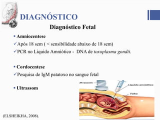  Amniocentese
Após 18 sem ( < sensibilidade abaixo de 18 sem)
PCR no Liquido Amniótico - DNA de toxoplasma gondii.
 Cordocentese
Pesquisa de IgM patatoxo no sangue fetal
 Ultrassom
DIAGNÓSTICO
Diagnóstico Fetal
(ELSHEIKHA, 2008).
 