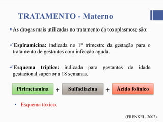 TRATAMENTO - Materno
As drogas mais utilizadas no tratamento da toxoplasmose são:
Espiramicina: indicada no 1° trimestre da gestação para o
tratamento de gestantes com infecção aguda.
Esquema tríplice: indicada para gestantes de idade
gestacional superior a 18 semanas.
Pirimetamina Sulfadiazina Ácido folínico+ +
• Esquema tóxico.
(FRENKEL, 2002).
 