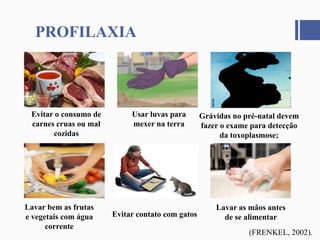 Evitar o consumo de
carnes cruas ou mal
cozidas
PROFILAXIA
Usar luvas para
mexer na terra
Grávidas no pré-natal devem
fazer o exame para detecção
da toxoplasmose;
Lavar bem as frutas
e vegetais com água
corrente
Lavar as mãos antes
de se alimentarEvitar contato com gatos
(FRENKEL, 2002).
 
