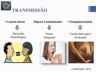 TRANSMISSÃO
 Transplancentária Contato direto
Secreções
Nasofarígeas
Objetos Contaminados
Pouco
Frequente
Forma mais grave
da doença
(ANDRADE, 2013).
 