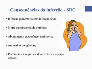 Consequências da infecção - SRC
Infecção placentária sem infecção fetal;
Morte e reabsorção do embrião;
Abortamento espontâneo, natimorto;
Anomalias congênitas;
Recém-nascido que vai desenvolver a doença
depois.
 