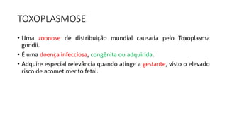 TOXOPLASMOSE
• Uma zoonose de distribuição mundial causada pelo Toxoplasma
gondii.
• É uma doença infecciosa, congênita ou adquirida.
• Adquire especial relevância quando atinge a gestante, visto o elevado
risco de acometimento fetal.
 