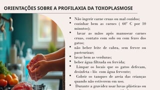 ORIENTAÇÕES SOBRE A PROFILAXIA DA TOXOPLASMOSE
 Não ingerir carne cruas ou mal cozidos;
 cozinhar bem as carnes ( 60º C por 10
minutos);
 lavar as mãos após manusear carnes
cruas, contato com solo ou com fezes dos
gatos;
 não beber leite de cabra, sem ferver ou
pasteurizar;
 lavar bem as verduras;
 beber água filtrada ou fervida;
 Limpar os locais que os gatos defecam,
desinfeta - lós com água fervente;
 Cobrir os tanques de areia das crianças
quando não estiverem em uso.
 Durante a gravidez usar luvas plásticas ou
 