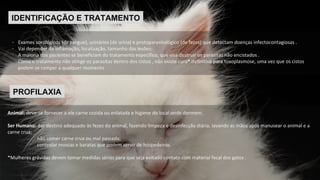 PROFILAXIA Animal:  deve-se fornecer a ele carne cozida ou enlatada e higiene do local onde dormem.  Ser Humano:  dar destino adequado às fezes do animal, fazendo limpeza e desinfecção diária, lavando as mãos após manusear o animal e a carne crua;  não comer carne crua ou mal passada; controlar moscas e baratas que podem servir de hospedeiros. *Mulheres grávidas devem tomar medidas sérias para que seja evitado contato com material fecal dos gatos . IDENTIFICAÇÃO E TRATAMENTO Exames sorológicos (de sangue), urinários (de urina) e protoparasitológico (de fezes) que detectam doenças infectocontagiosas . Vai depender da inflamação, localização, tamanho das lesões: A maioria dos pacientes se beneficiam do tratamento específico, que visa destruir os parasitas não encistados .  Como o tratamento não atinge os parasitas dentro dos cistos , não existe cura *  definitiva para toxoplasmose, uma vez que os cistos podem se romper a qualquer momento 